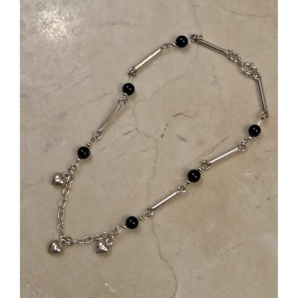 Unique Sterling Silver Black Onyx Dangle‎ Heart Charm Anklet 10.5